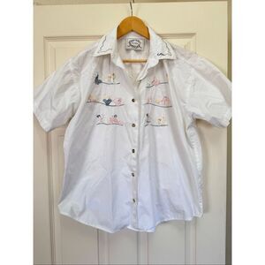 Erika women’s vintage 90s M cotton white embroidered button up blouse L short sl